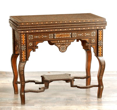 Lot 1659 - A 19TH CENTURY SYRIAN MOSAIC MARQUETRY MOTHER OF PEARL INLAID GAMES TABLE