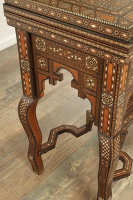 Lot 1659 - A 19TH CENTURY SYRIAN MOSAIC MARQUETRY MOTHER OF PEARL INLAID GAMES TABLE