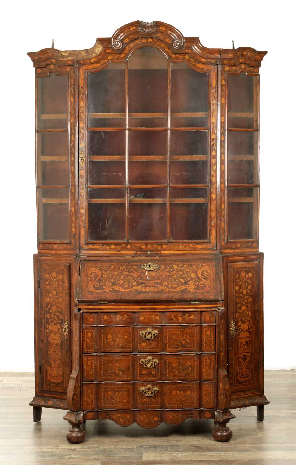 Lot 1609 - AN 18TH CENTURY DUTCH MARQUETRY FLORAL INLAID WALNUT SECRETAIRE BOOKCASE