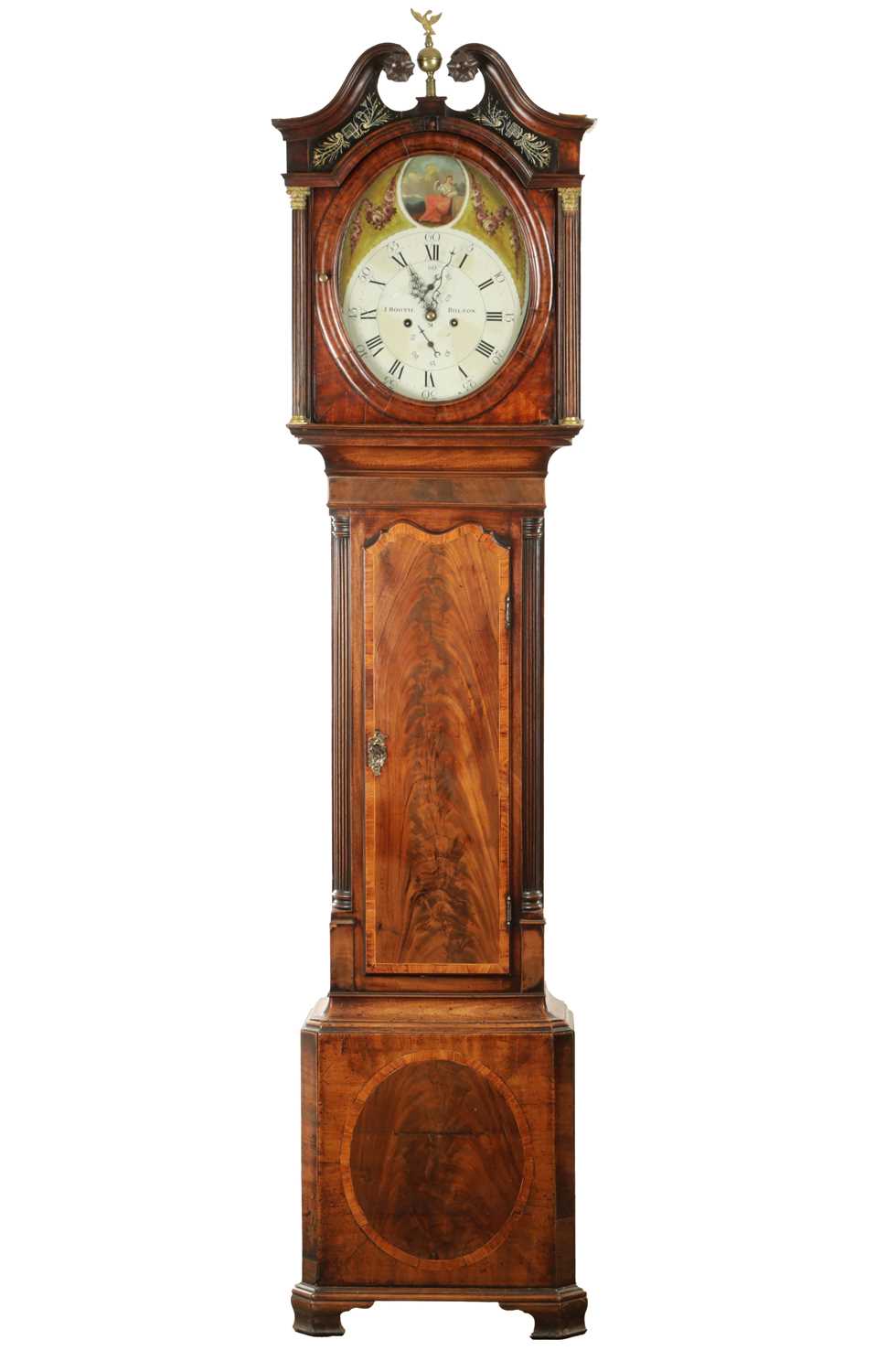 Lot 1385 - J. BOOTH, BOLTON. A GEORGE III FLAMED MAHOGANY PAINTED OVAL DIAL EIGHT-DAY QUARTER STRIKING LONGCASE CLOCK