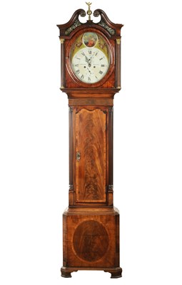 Lot 1385 - J. BOOTH, BOLTON. A GEORGE III FLAMED MAHOGANY PAINTED OVAL DIAL EIGHT-DAY LONGCASE CLOCK