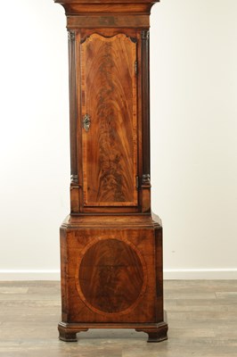 Lot 1385 - J. BOOTH, BOLTON. A GEORGE III FLAMED MAHOGANY PAINTED OVAL DIAL EIGHT-DAY QUARTER STRIKING LONGCASE CLOCK