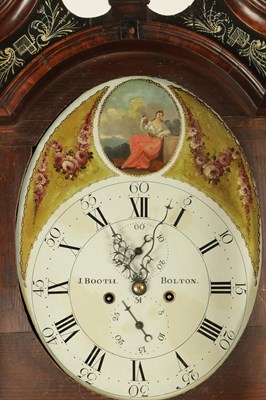 Lot 1385 - J. BOOTH, BOLTON. A GEORGE III FLAMED MAHOGANY PAINTED OVAL DIAL EIGHT-DAY QUARTER STRIKING LONGCASE CLOCK