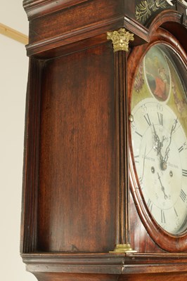 Lot 1385 - J. BOOTH, BOLTON. A GEORGE III FLAMED MAHOGANY PAINTED OVAL DIAL EIGHT-DAY QUARTER STRIKING LONGCASE CLOCK