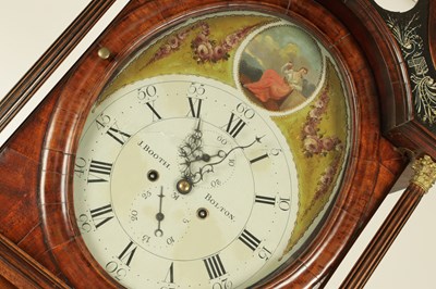 Lot 1385 - J. BOOTH, BOLTON. A GEORGE III FLAMED MAHOGANY PAINTED OVAL DIAL EIGHT-DAY QUARTER STRIKING LONGCASE CLOCK