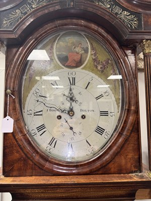 Lot 1385 - J. BOOTH, BOLTON. A GEORGE III FLAMED MAHOGANY PAINTED OVAL DIAL EIGHT-DAY QUARTER STRIKING LONGCASE CLOCK