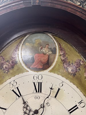 Lot 1385 - J. BOOTH, BOLTON. A GEORGE III FLAMED MAHOGANY PAINTED OVAL DIAL EIGHT-DAY QUARTER STRIKING LONGCASE CLOCK