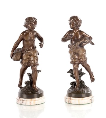 Lot 738 - AFTER F. MOREAU. A GOOD PAIR OF PATINATED BRONZE FIGURES OF BOYS