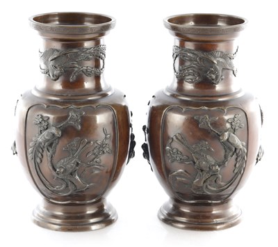 Lot 424 - A PAIR OF JAPANESE MEIJI PERIOD BRONZE VASES