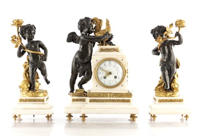 Lot 1583 - A 19TH CENTURY BRONZE, ORMOLU AND WHITE MARBLE THREE PIECE FRENCH CLOCK SET BRONZES SIGNED CLODION