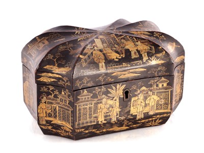 Lot 426 - A LATE GEORGIAN BLACK JAPANNED CHINOISERIE TEA CADDY