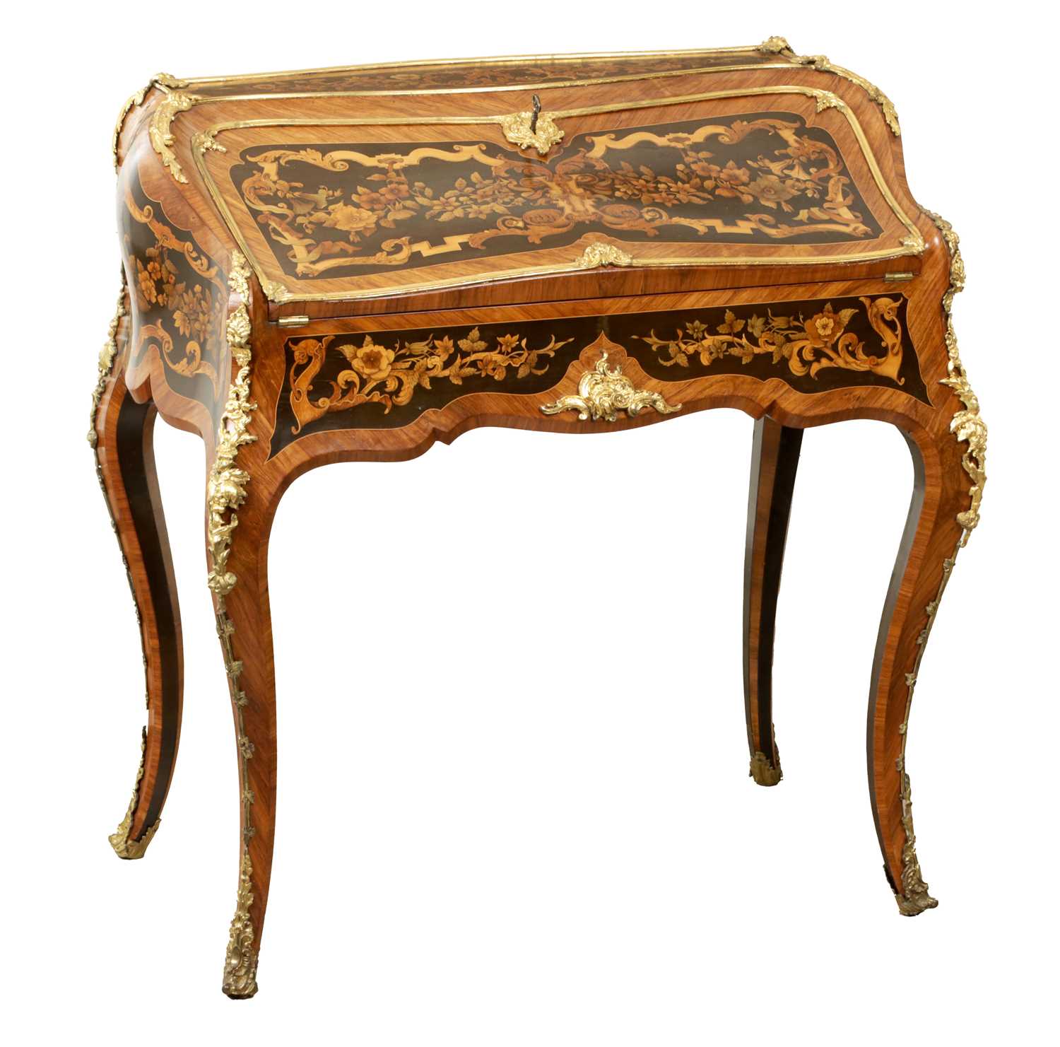 Lot 1632 - A FINE 19TH CENTURY ENGLISH MARQUETRY, KINGWOOD AND ORMOLU MOUNTED BUREAU ATTRIBUTED TO THE WORKSHOP OF EDWARD HOLMES BALDOCK