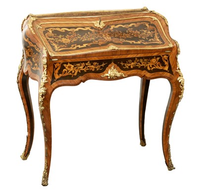 Lot 1632 - A FINE 19TH CENTURY ENGLISH MARQUETRY, KINGWOOD AND ORMOLU MOUNTED BUREAU ATTRIBUTED TO THE WORKSHOP OF EDWARD HOLMES BALDOCK