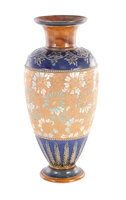 Lot 19 - A DOULTON LAMBETH STONEWARE TAPERED SHOULDERED VASE WITH SLENDER NECK AND FLARED RIM