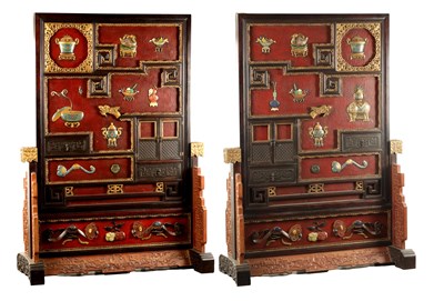 Lot 381 - A DECORATIVE PAIR OF 20TH CENTURY CHINESE HARDWOOD, CLOISONNÉ AND HARDSTONE INLAID SCREENS