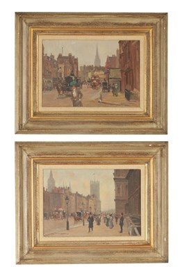 Lot 1136 - JOHN SANDERSON WELLS (BRITISH 1872 - 1955). A PAIR OF EARLY 20TH CENTURY OIL ON BOARD TOWN SCENES