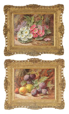 Lot 1221 - OLIVER CLARE (1852 - 1927). A PAIR OF LATE 19TH / EARLY 20TH CENTURY OIL ON BOARDS STILL LIFE