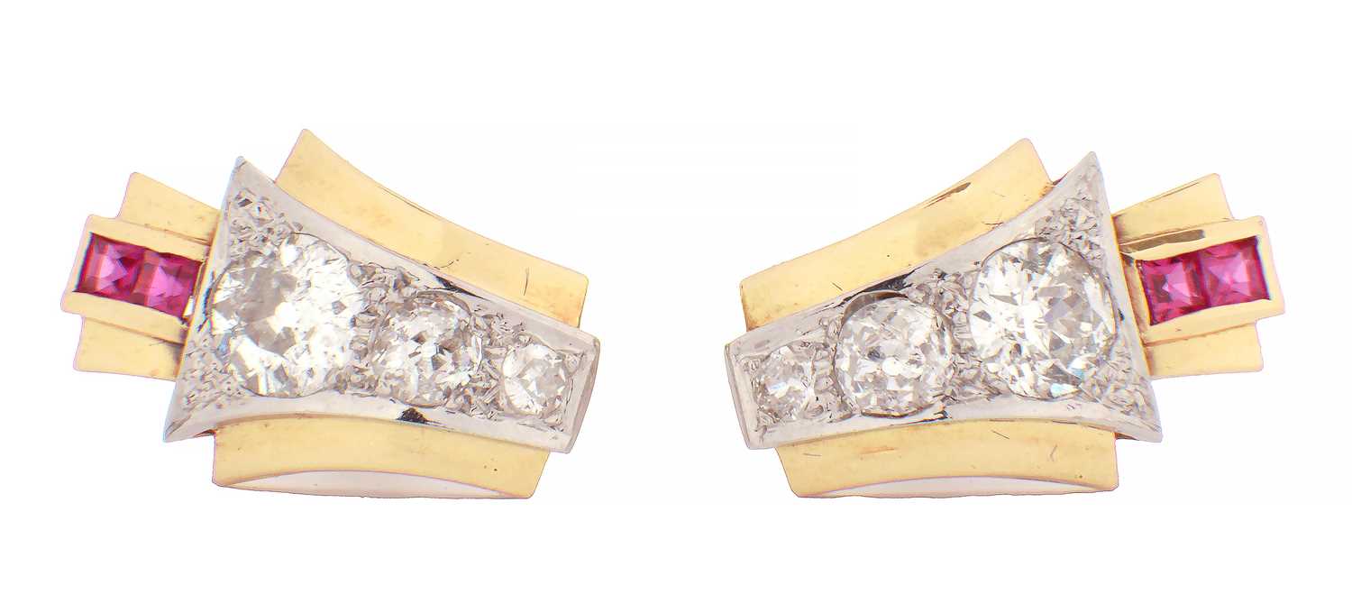 Lot 115 - A PAIR OF ART DECO 18CT GOLD RUBY AND DIAMOND STUD EARRINGS