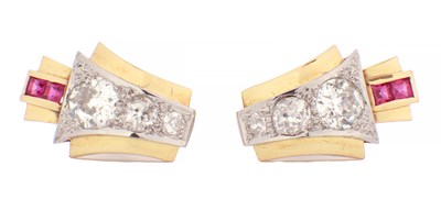 Lot 115 - A PAIR OF ART DECO 18CT GOLD RUBY AND DIAMOND STUD EARRINGS