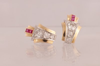 Lot 115 - A PAIR OF ART DECO 18CT GOLD RUBY AND DIAMOND STUD EARRINGS