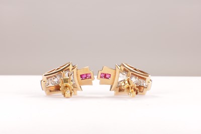 Lot 115 - A PAIR OF ART DECO 18CT GOLD RUBY AND DIAMOND STUD EARRINGS