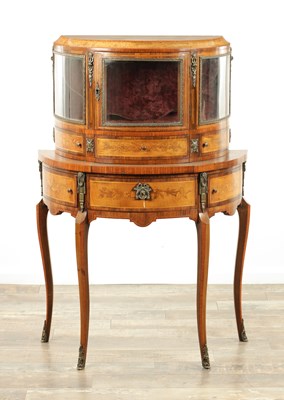 Lot 1624 - A 20TH CENTURY FRENCH BURR WALNUT AND ROSEWOOD MARQUETRY INLAID DEMI LUNE DISPLAY CABINET