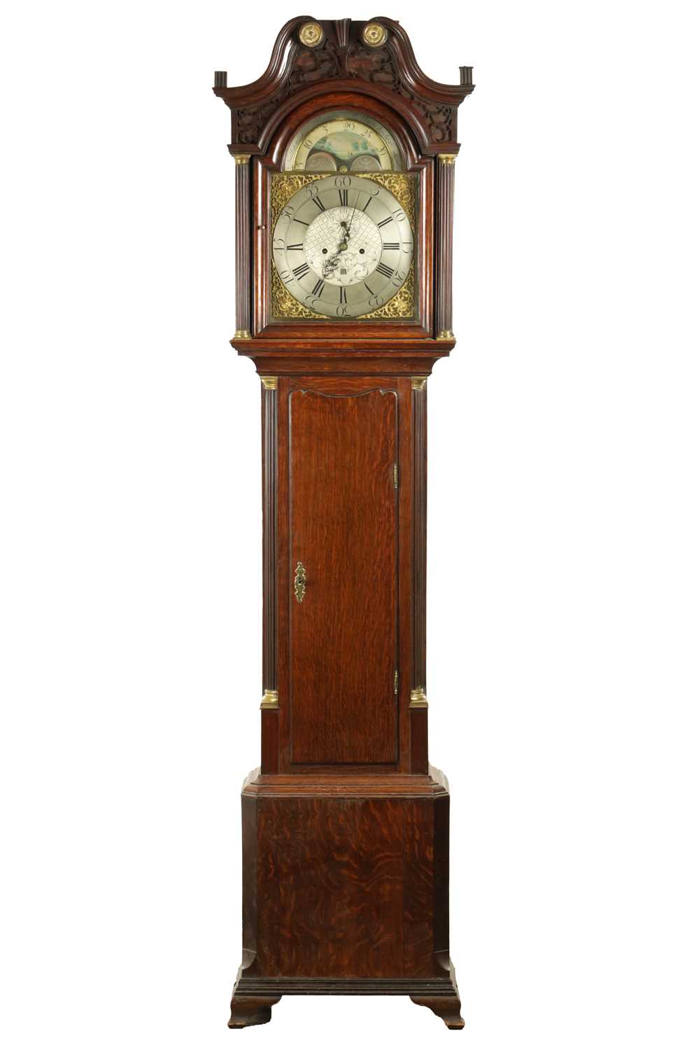 Lot 1538 - NATHANIEL BROWN, MANCHESTER. A GOOD GEORGE III OAK BRASS ARCHED DIAL MOON ROLLER LONGCASE CLOCK