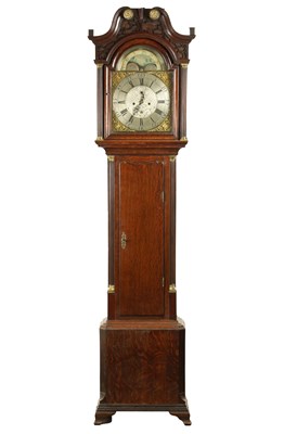 Lot 1538 - NATHANIEL BROWN, MANCHESTER. A GOOD GEORGE III OAK BRASS ARCHED DIAL MOON ROLLER LONGCASE CLOCK