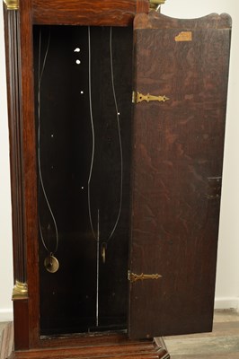 Lot 1538 - NATHANIEL BROWN, MANCHESTER. A GOOD GEORGE III OAK BRASS ARCHED DIAL MOON ROLLER LONGCASE CLOCK