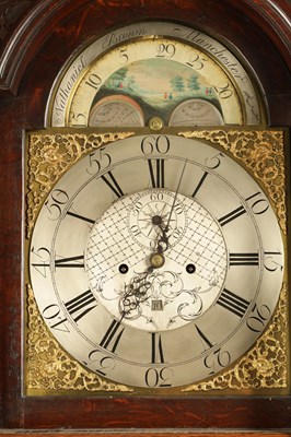 Lot 1538 - NATHANIEL BROWN, MANCHESTER. A GOOD GEORGE III OAK BRASS ARCHED DIAL MOON ROLLER LONGCASE CLOCK