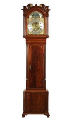 Lot 1395 - JOHN WYKE, LIVERPOOL. A GEORGE III FIGURED MAHOGANY 8 DAY MOON DIAL LONGCASE CLOCK