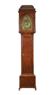 Lot 1346 - JOHN EVERELL, LONDON. A GOOD EARLY 18TH CENTURY BURR WALNUT EIGHT-DAY BRASS DIAL LONGCASE CLOCK