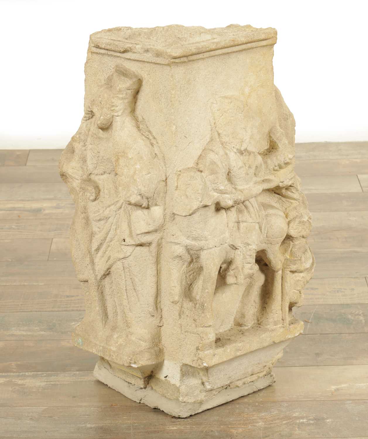 Lot 893 - A MEDIEVAL CARVED STONE PILLAR DECORATED WITH BISHOPS TO EACH SIDE