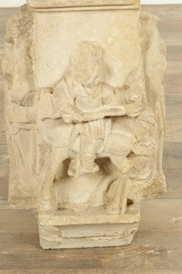 Lot 893 - A MEDIEVAL CARVED STONE PILLAR DECORATED WITH BISHOPS TO EACH SIDE