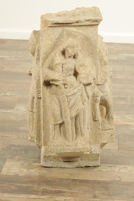 Lot 893 - A MEDIEVAL CARVED STONE PILLAR DECORATED WITH BISHOPS TO EACH SIDE