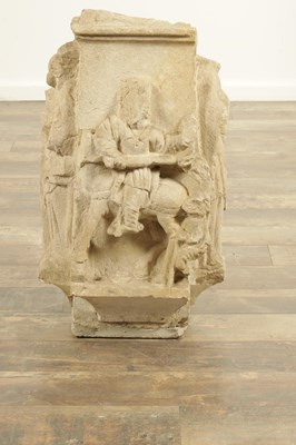 Lot 893 - A MEDIEVAL CARVED STONE PILLAR DECORATED WITH BISHOPS TO EACH SIDE