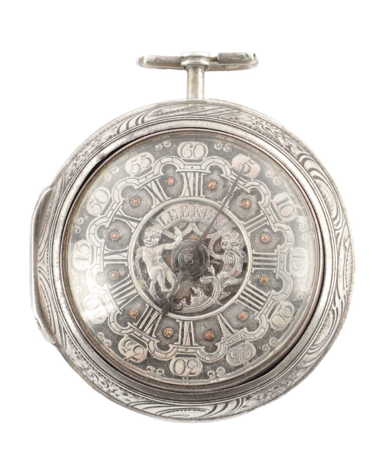 Lot 1290 - G. LEEKEY, LONDON. A GEORGE II SILVER REPOUSSE PAIR CASED POCKET WATCH