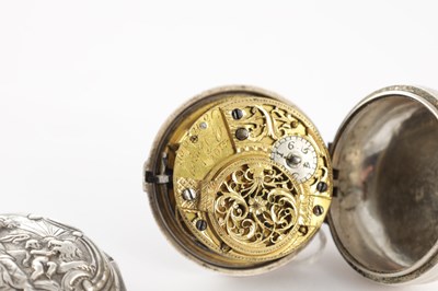 Lot 1290 - G. LEEKEY, LONDON. A GEORGE II SILVER REPOUSSE PAIR CASED POCKET WATCH