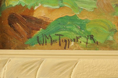 Lot 1236 - SIR WILLIAM MACTAGGART (1903 - 1981). A 20TH CENTURY OIL ON BOARD WOODED LANDSCAPE