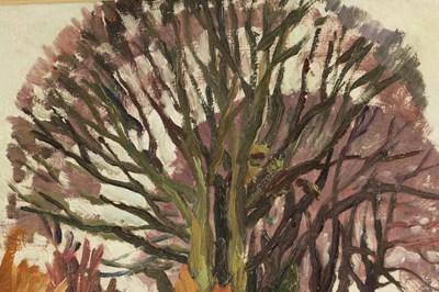 Lot 1236 - SIR WILLIAM MACTAGGART (1903 - 1981). A 20TH CENTURY OIL ON BOARD WOODED LANDSCAPE