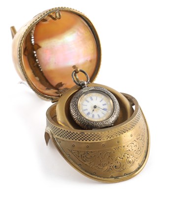 Lot 1316 - A 19TH CENTURY NOVELTY BRASS AND MOTHER OF PEARL POCKET WATCH STAND