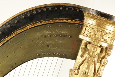 Lot 1039 - THOMAS DODD & SONS, PATENT HARP, 3, BERNERS STREET LONDON. A 19TH CENTURY GILT GESSO NA BLACK LACQUER GRECIAN PEDAL HARP