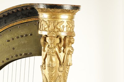 Lot 1039 - THOMAS DODD & SONS, PATENT HARP, 3, BERNERS STREET LONDON. A 19TH CENTURY GILT GESSO NA BLACK LACQUER GRECIAN PEDAL HARP