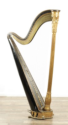 Lot 1039 - THOMAS DODD & SONS, PATENT HARP, 3, BERNERS STREET LONDON. A 19TH CENTURY GILT GESSO NA BLACK LACQUER GRECIAN PEDAL HARP