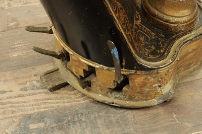 Lot 1039 - THOMAS DODD & SONS, PATENT HARP, 3, BERNERS STREET LONDON. A 19TH CENTURY GILT GESSO NA BLACK LACQUER GRECIAN PEDAL HARP
