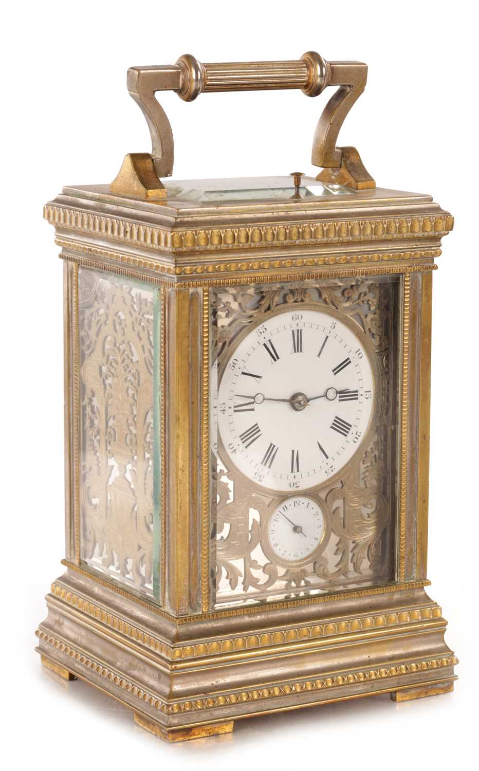 Lot 1515 - A LATE 19TH CENTURY FRENCH REPEATING GRAND SONNERIE EIGHT-DAY CARRIAGE CLOCK WITH GILT FILIGREE PANELS