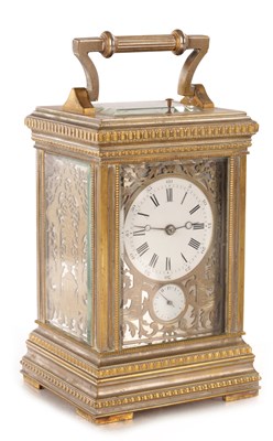 Lot 1515 - A LATE 19TH CENTURY FRENCH REPEATING GRAND SONNERIE EIGHT-DAY CARRIAGE CLOCK WITH GILT FILIGREE PANELS