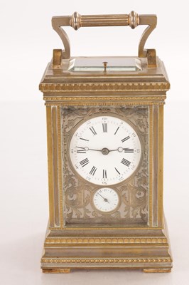 Lot 1515 - A LATE 19TH CENTURY FRENCH REPEATING GRAND SONNERIE EIGHT-DAY CARRIAGE CLOCK WITH GILT FILIGREE PANELS