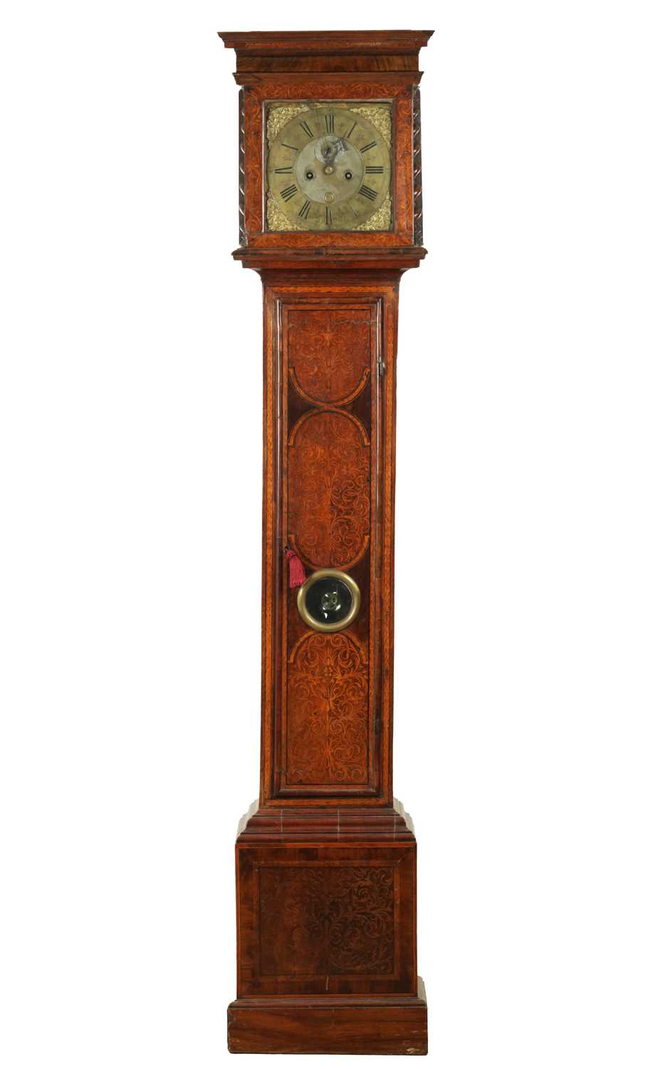 Lot 1563 - JOSEPH WINDMILLS, LONDON. AN EARLY 18TH CENTURY PANELLED SEAWEED MARQUETRY 11" SQUARE BRASS DIAL EIGHT-DAY LONGCASE CLOCK