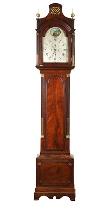 Lot 1335 - SAMUEL LONGHAM, LONDON. A GEORGE III FIGURED MAHOGANY SILVERED DIAL ROCKING SHIP AUTOMANTAN EIGHT-DAY LONGCASE CLOCK